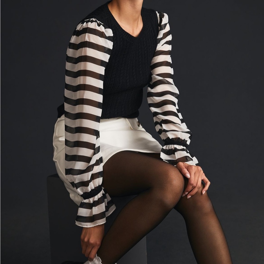 Striped Sheer Sleeve Knit Top - Black and White
